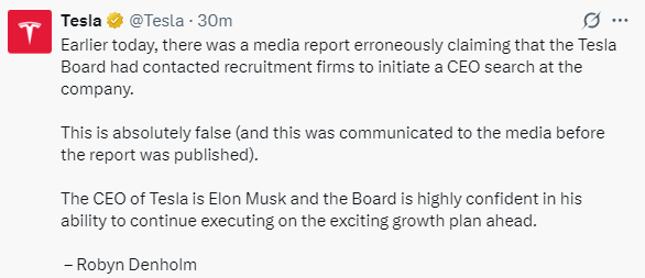 特斯拉董事会主席：有关寻找马斯克接班人的报道“不实”